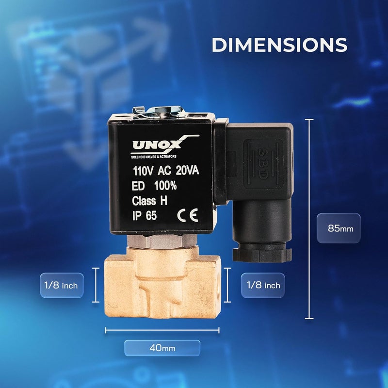 UNOX 1/8" NPT Solenoid Valve 110V AC, Brass Control Valve Normally Closed - 0-232 PSI Multi-Purpose Reliable Control Valve for Water, Air, and Gas - Solenoid Valves - Image 5